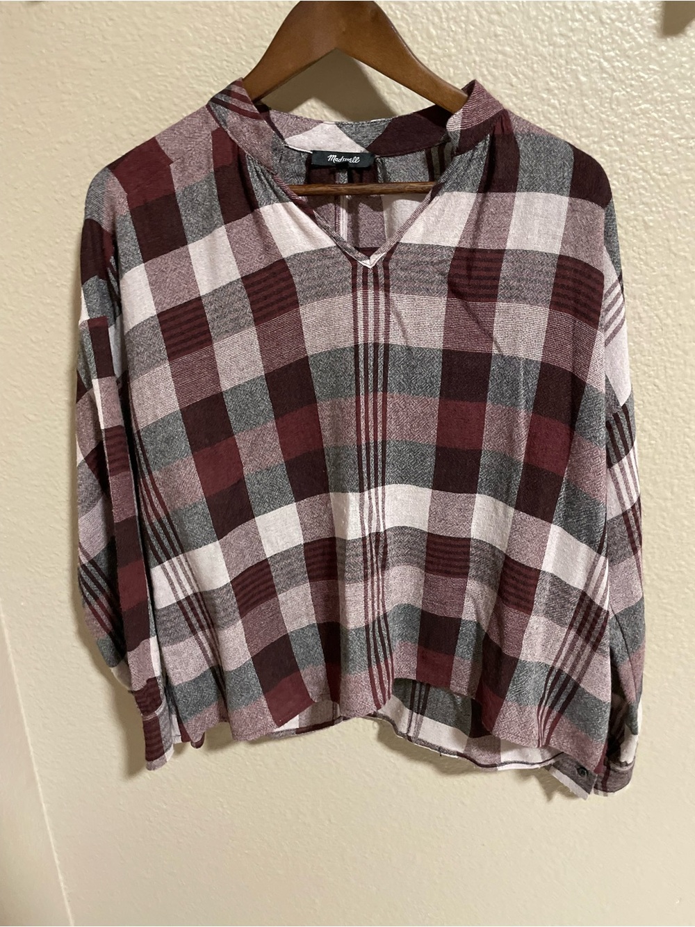 Madewell Burgundy, Gray and White Plaid  Top